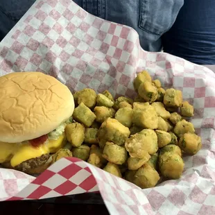 Cheeseburger all the way and fried okra