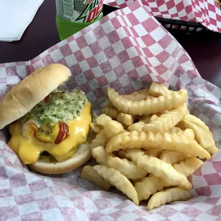 Cheeseburger all the way and fries