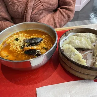 Spicy seafood ramen and chicken dumpling