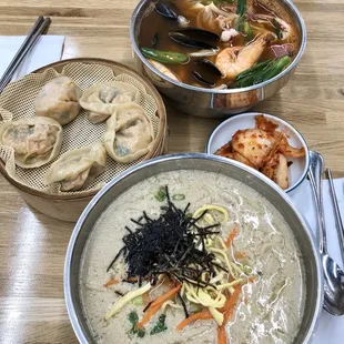 Perilla noodles, spicy seafood noodles, and kimchi dumplings. So good!