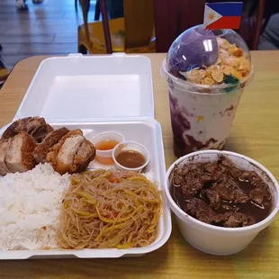 Half pancit half rice.  Lechon and dinaguan.  Halo halo.