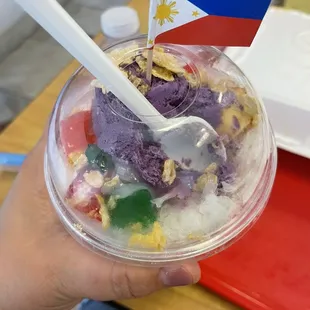 Halo-Halo Ice Cream with Ube, coconut, jelly, corn flakes, sweet beans
