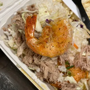 Garlic shrimp over kalua pork