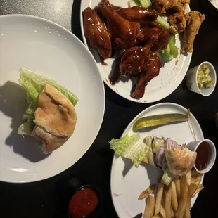 Wings, burger, fries. All delish!