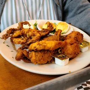 Soft shells,  hushpuppies,  deviled eggs