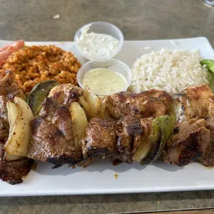 Double kabob&apos;s with rice  Chicken Shish Kebab Chicken Shish Kebab lamb Shish Kebab