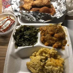 The Fried POKE CHOPS with 3 sides, Mac n cheese, collard greens and candied yams. My bonus was a slice of pie!  Yummers