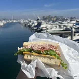 Cold Shaved Ham Sandwich with cheddar cheese, fresh lettuce, on sourdough bread