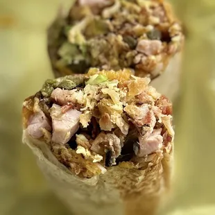 Double Meat Burrito: Double Ham, Bacon, Egg, Cheese, Hash Brown, Onion, Bell Pepper, Grilled Tortilla + Avocado + Jalapeño | $15 + $1 +$0.25