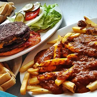 a plate of french fries and a burger
