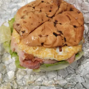 Ham, egg and cheese breakfast sandwich.