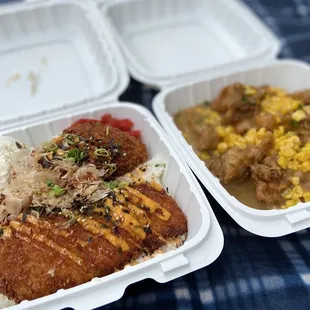 Salmon Katsu (left) and HGS &quot;Famous&quot; Fried Chicken Bowl (right)
