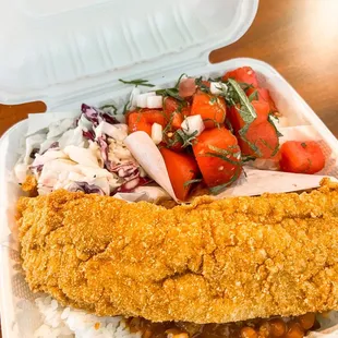 Beans &amp; Basa (special) which includes salad and watermelon poke on the side