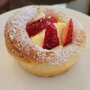 Strawberry Cheesecake Danish (pastry like croissant, vanilla custard, cheesecake, strawberry coulis with fresh strawberries on top)