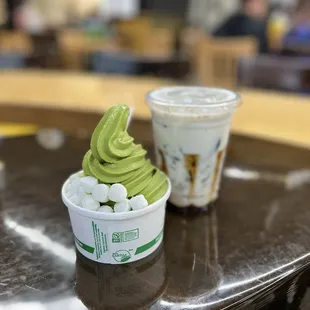 Green tea soft serve w/ mochi topping and coffee jelly milk