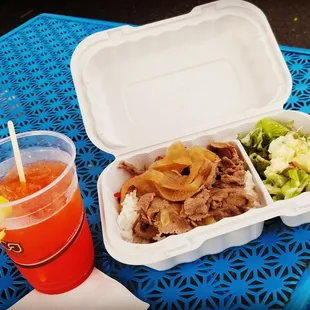 Fresh squeezed lemonade w/ li hing mui and gyu don w/ potato salad.