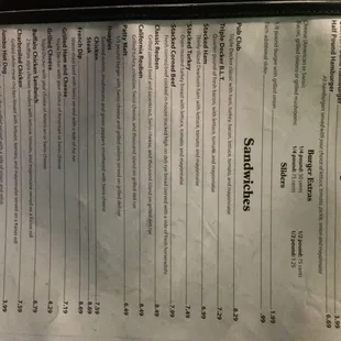 a menu for the burgers and sandwiches
