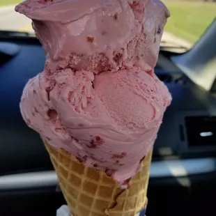 Their Baby cone size of Red Raspberry Icecream. Picture taken after eating part of it. Huge and enjoyed all of it :)