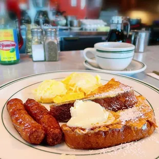 Weekday Breakfast--French toast, scramble eggs and sausage. Yumm.