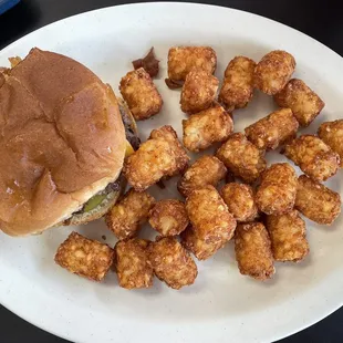 Regular onion burger with golden delicious tots