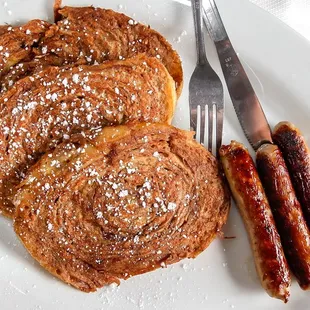 Cinnamon roll french toast and sausage