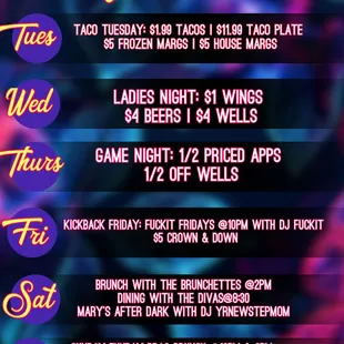 Weekly Events at Mary's, your bachelorette and birthday party headquarters!