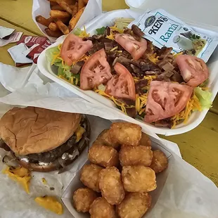 Spicy fries, loaded gazaway, tots, bacon salad and a plain cheese humburger only mayo and bacon added
