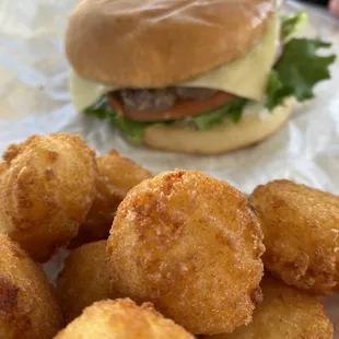 Cheeseburger with Swiss and Tator Balls