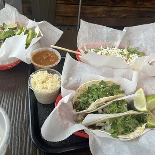 Veggie tacos, steak tacos and elote