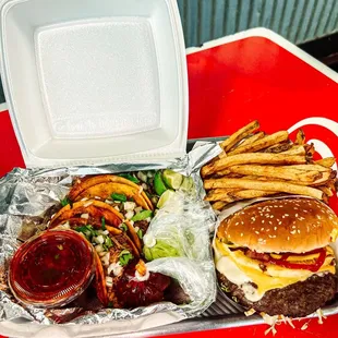 a hamburger and fries