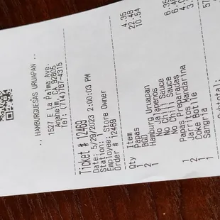 a receipt for a restaurant