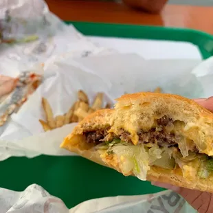 Single patty smash burger with fries