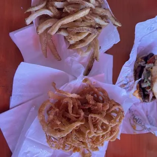 Fries and string onion rings