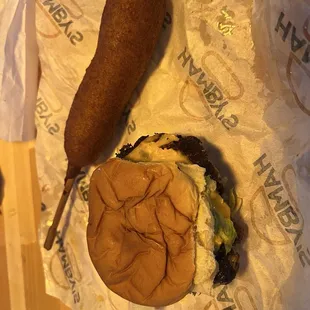 Double smash burger and corn dog