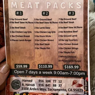 a menu for meat packs