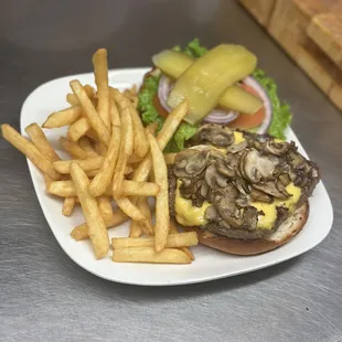 #6 Mushroom Burger with fries.