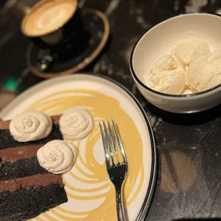 a slice of chocolate cake and a bowl of ice cream