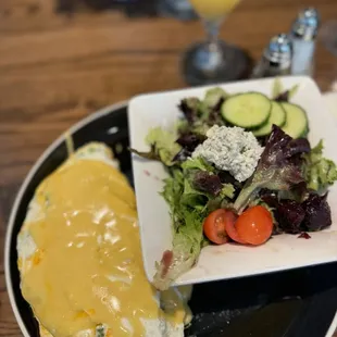 Crab and asparagus omelette with side salad and hollondale sauce