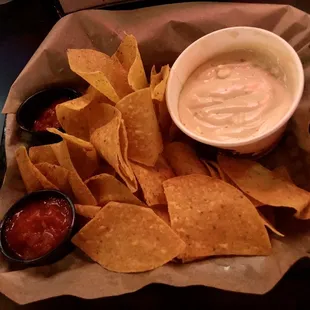 Chips and salsa and queso