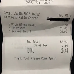 the receipt for the restaurant