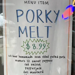 a menu for porky melt