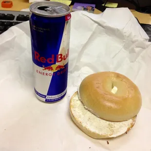 Lunch: bagel with cream cheese and a red bull...