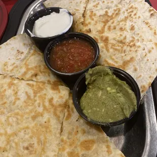 quesadilla, salsa and guacamole