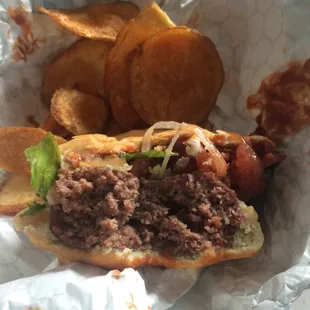 Hamburger with pepper jack and spicy sauce.