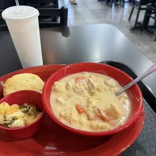 Chicken &apos;n dumplings with squash casserole.  You gotta try it