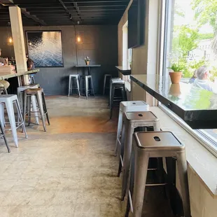 a row of stools in a restaurant
