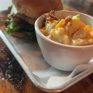 Loaded potato soup and sandwich.