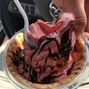 Hot fudge sundae. Or ice cream with a tiny drop of hot fudge.