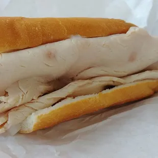 6&quot; turkey sub. You can&apos;t see the lettuce, tomato, onions, and pickles for the mass of meat.