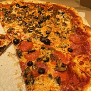 Pizza is thin. Crust is crispy and cheese is light.